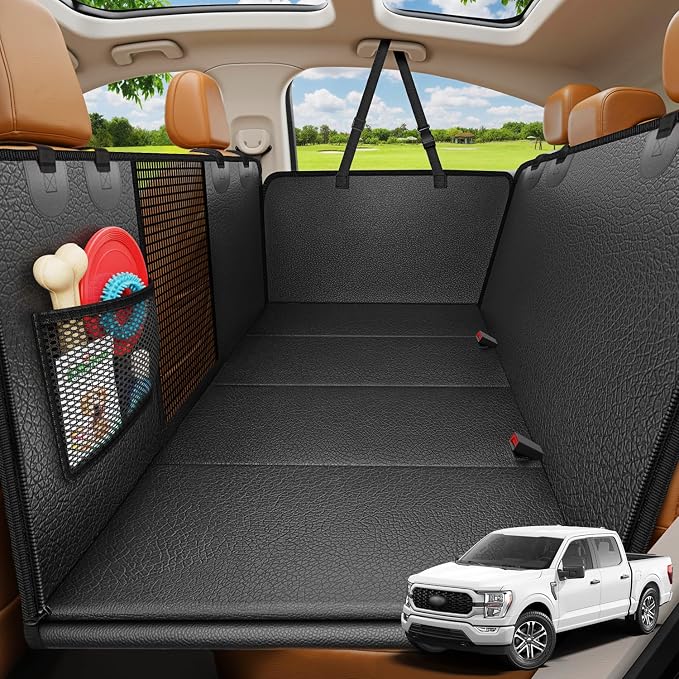 URPOWER XL Hard Bottom Dog Seat Cover for Full-Size Truck Back Seat | 400 lbs Support, 45% More Space, PU Leather, Waterproof, Scratch Resistant, Non-Slip, Mesh Window, Dog Seat Belt Included by URPOWER