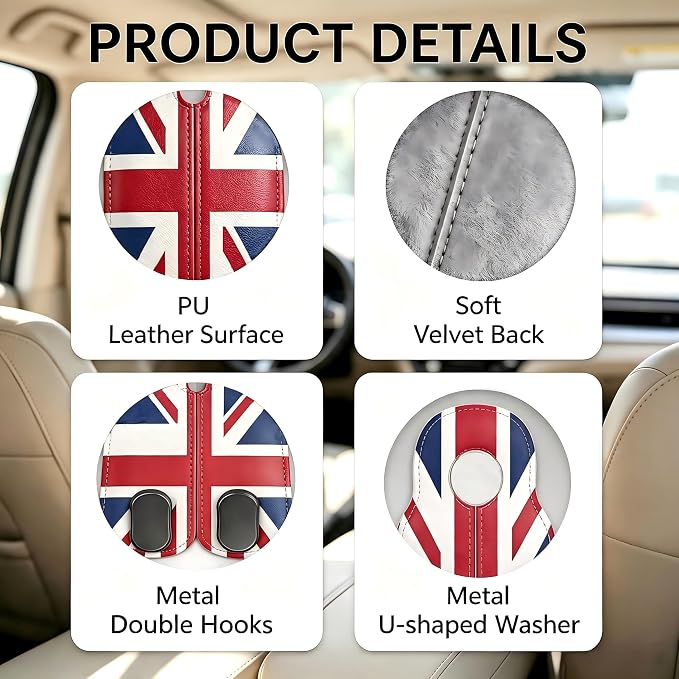 Car Seat Back Headrest Hooks - 2 Pack, Union Jack Pattern Purse Hook for Car, Metal Leather Multifunctional Auto Hanger Organizer for Bags Water Bottles Phones - Image 3