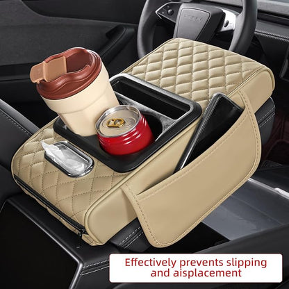 5 in 1 Nappa Leather Console Armrest Cover, Beige | Built-in cup holder, tissue slot, phone holder & 2 storage pockets, practical car accessories fit SUV sedan truck - Image 3