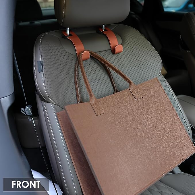 AMVOYOA Leather Hooks for Headrest - Fully Leather-Wrapped U-Shaped Purse Holder for Car, Flexible Seat Back Organizer & Durable Car Accessories for Purses, Bags, Coats & More (Brown, 2 Pack) - Image 3