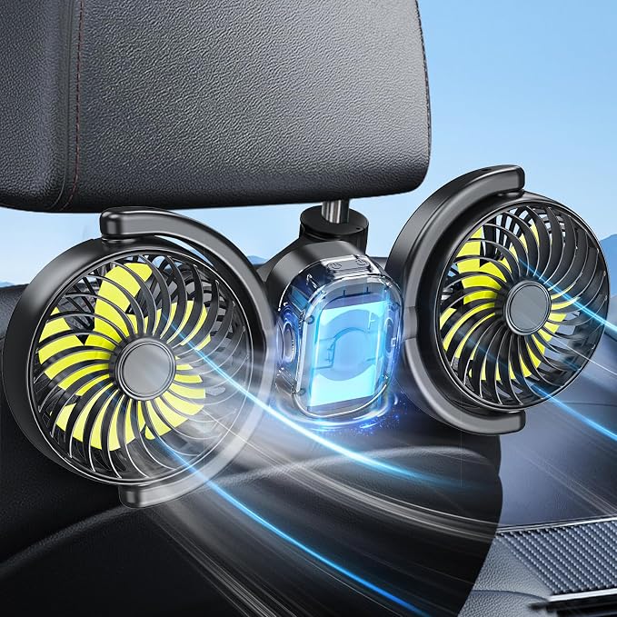 Dealswin Rechargeable Car Fan for Backseat Kids, Battery and USB Dual Power Car Fans, Independent Control 360°Adjustable Dual Head Car Seat Fan Headrest Cooling Fan for Sedan SUV RV Truck Vehicle by Dealswin