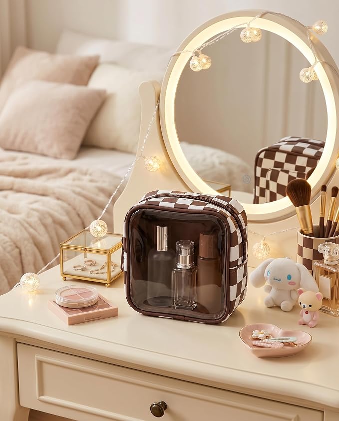 Clear Checkered Makeup Bag, Small Cosmetic Pouch with Zipper Mini Waterproof Makeup Purse Organizer Cute Cosmetic Bag Travel TSA Approved Toiletry Bag Car Organizer for Women Girls (Brown) - Image 2