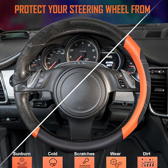 CAR PASS Line Rider Microfiber Leather Sporty Steering Wheel Cover Universal Fits for 95% Truck,SUV,Cars,14.5-15inch Anti-Slip Safety Comfortable Desgin (Black-Orange) - Image 3