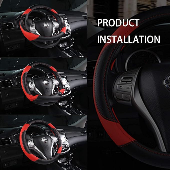 Leather Car Steering Wheel Cover Universal Fit for Most Cars, Black & Red | Microfiber Leather,Non-Slip Breathable Auto Steering Wheel Protector - Image 7