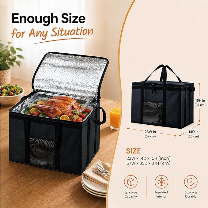 NZ home Insulated Food Bag, Portable Cooler Tote (3XL, Black, 4 Pack) | Large thermal bag, For cold & hot food, Soft sided cooler, Heavy duty carrier, Grocery shopping, Food delivery, Catering bag - Image 5