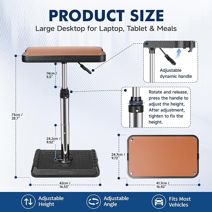 Compact Car Seat Tray Table with Premium Leather Mat – Small Portable Car Desk Tray for Laptop & Tablet, Adjustable Travel Table for Front Passenger, Rear & Driver Seat - Image 2