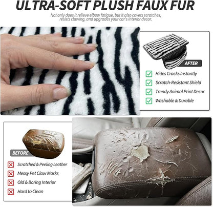 Plush Animal Print Car Center Console Cover with Side Pockets, Fluffy Armrest Cushion Pad.,Soft Car Interior Accessories with Storage for Women. Universal Fit for Vehicles SUV Truck (Zebra Print) - Image 5