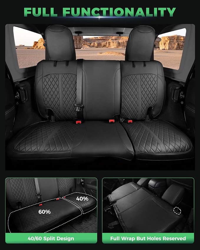 RIDEPOSH for Jeep Wrangler Leather Custom Car Seat Covers Full Set 4 Door | 2013-2017 JK, Luxury Accessories, Waterproof Protectors, 40/60 Spilt, Full Wrap, Durable, Back Organizer, Anti-slip, 5 Seats - Image 4