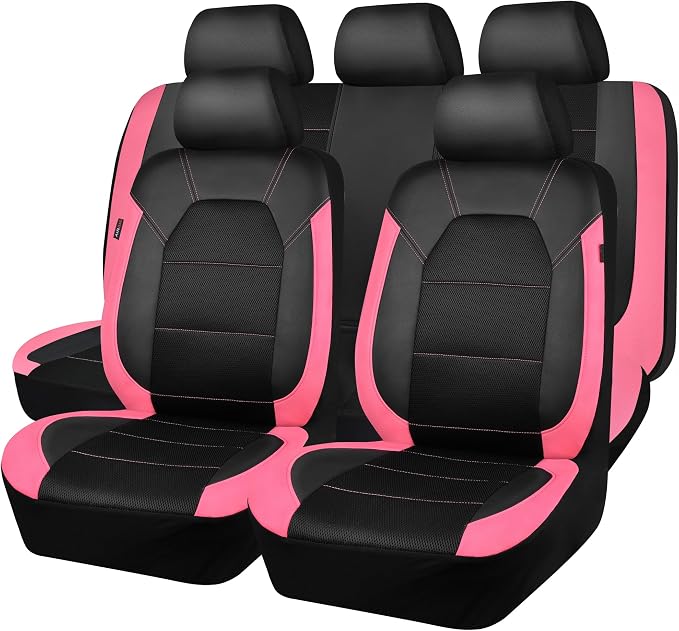 CAR PASS Leather Seat Covers, Breathable Universal Car Seat Cover Full Set for Cute Women Girly,Super 5mm Composite Sponge Inside,Airbag Compatible fits Most Auto,SUVs,Trucks,Vans(Black&Pink) by CARPASS