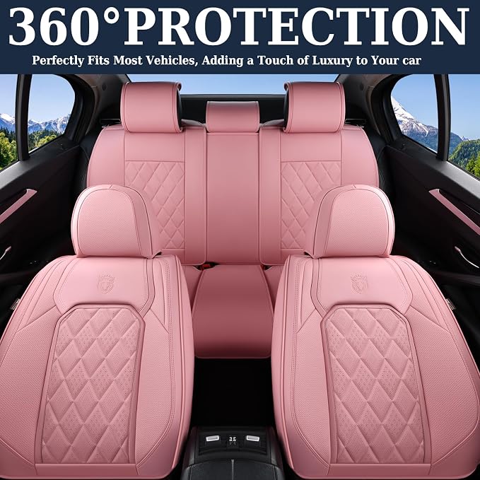 Coverado Car Seat Covers Full Set, Pink Leather Seat Covers for Cars, Universal Waterproof Car Seat Cover, Luxury Front and Back Car Seat Protector, Automotive Seat Covers Fit for Most Cars, Pink - Image 6