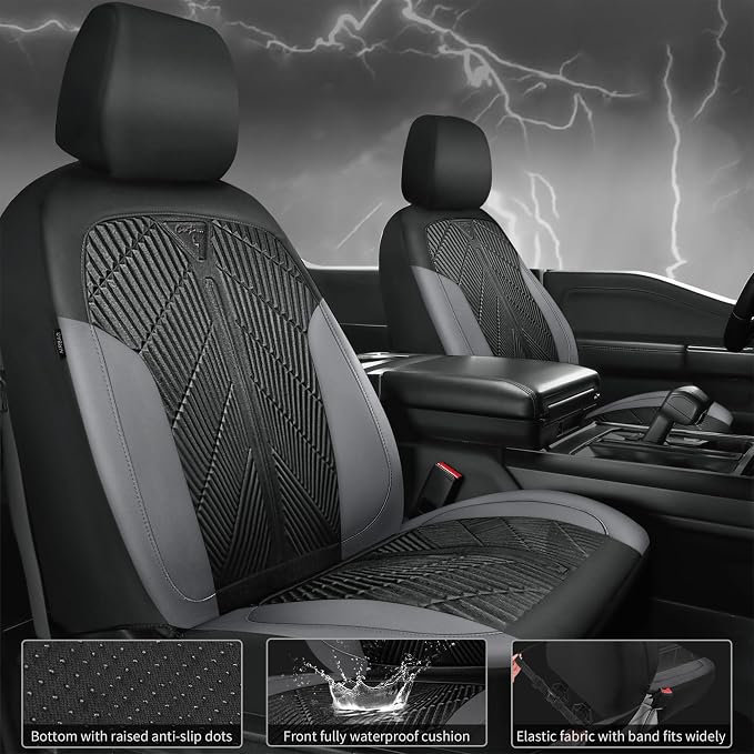 CAR PASS Waterproof Black Gray Car Seat Covers Front Seat Covers Neoprene Wetsuit,All-Weather Non-Slip Durable,Universal Fit for SUV Sedans Trucks Van Automotive,Airbag Compatible,3D Emboss Black Gray - Image 7