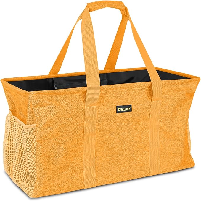 BALEINE Extra Large Utility Tote Bag with Reinforced Wire Frame, Reusable Grocery Bag for Shopping, Picnic (Yellow, 22''x12''x10'') by BALEINE