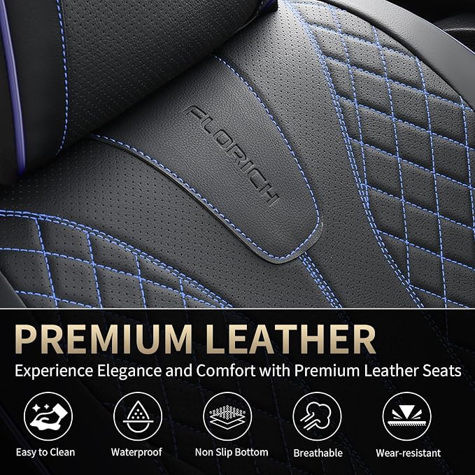 FLORICH Automotive Car Seat Covers Front Seat, Leather Car Seat Cover 2 Pack Waterproof Front Seat Covers Full Coverage Driver Seat Protector Universal Fit for Most Cars SUV Trucks, Black&Blue Line - Image 8
