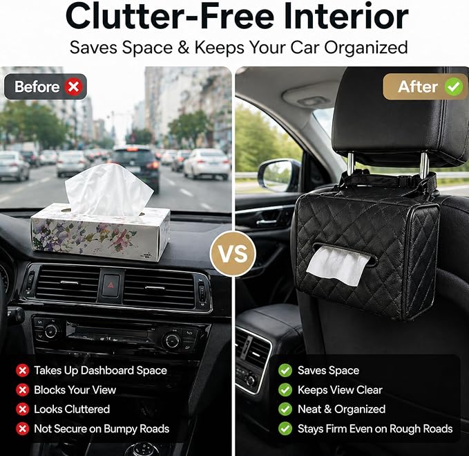 Luxury Quilted Car Tissue Holder – Headrest-Mounted Tissue Box for Cars, SUVs & Trucks – PU Leather Tissue Dispenser with Secure Strap – Easy One-Hand Access (Black) - Image 4