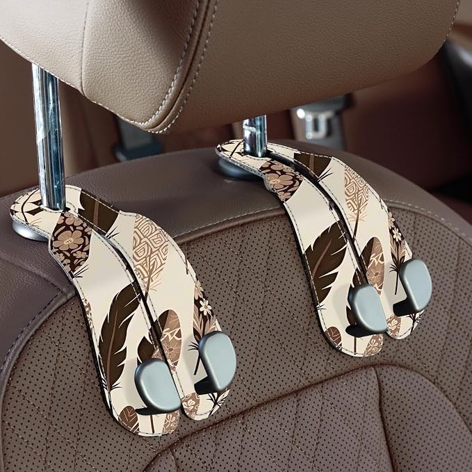 CoBak Purse Hook for Car - Universal Premium Stitched Leather and Aluminum-Magnesium Alloy Double Car Seat Back Storage Hook for Purses, Handbags, Bags (2 Pack),Feather by PopulartabletcasebrandWegivepeoplethebestdesignofprotectingvariouselectronicdevices