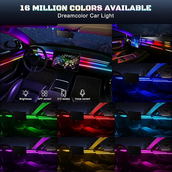 Dreamcolor Acrylic Interior Car LED Strip Light with USB/Type C/4-Port Cigarette Lighter, RGB 6 in 1 with 179.24 inches 650 LEDs Ambient Lighting Kits, Sound Active Function Neon Led Strips for Car - Image 3