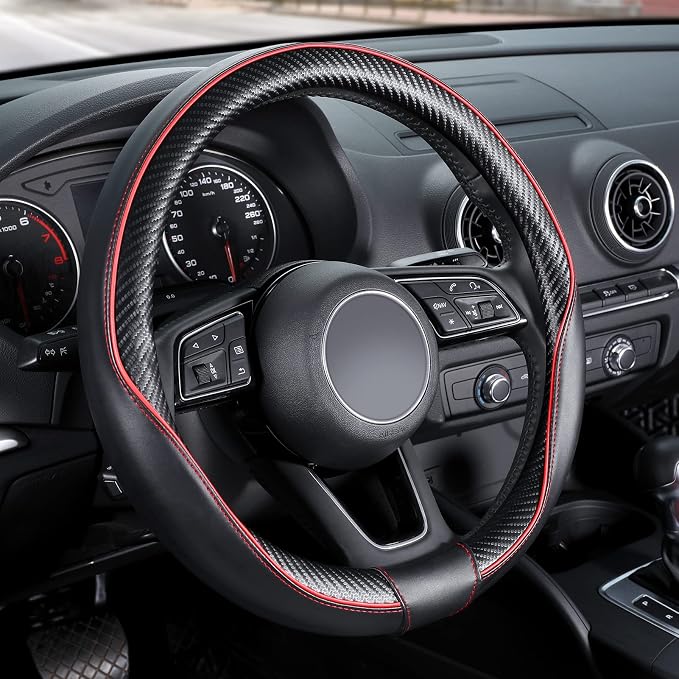 SEG Direct Steering Wheel Cover 14.5"-15" Heavy-Duty, Black Red Carbon | Universal Standard Medium Size 37-39cm, Microfiber Leather Carbon Fiber Pattern, Non-Slip, Car Auto Interior Accessories by SEGDirect
