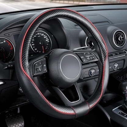 SEG Direct Steering Wheel Cover 14.5"-15" Heavy-Duty, Black Red Carbon | Universal Standard Medium Size 37-39cm, Microfiber Leather Carbon Fiber Pattern, Non-Slip, Car Auto Interior Accessories by SEGDirect