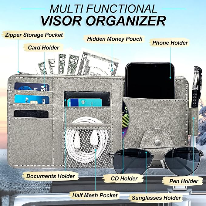 Keedolla 2Pcs Car Sun Visor Organizer with Zipper Pocket, Car Truck Visor Storage Pouch Holder Travel Auto Document Holder for Mobile Phone, Sunglasses, Card - Gray - Image 2