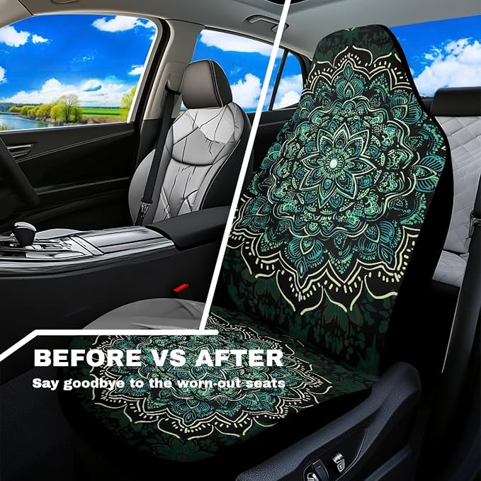 Boho Front Seat Covers for Cars, Set of 2 Green Mandala Bucket Seat Covers, Soft Breathable Polyester Seat Protectors for SUV, Truck and Sedan - Image 3