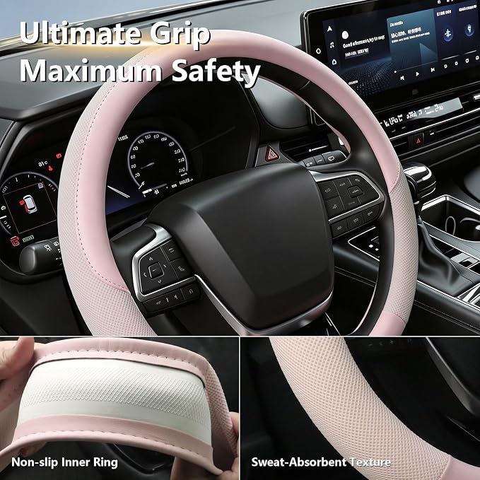 KAFEEK Pink Steering Wheel Cover Women, Cooling Ice Silk, Universal 15 Inch | Microfiber Leather, Ultra Breathable Mesh, Anti-Slip, Heat Resistant Summer Cool, Cute Car Accessories - Image 5