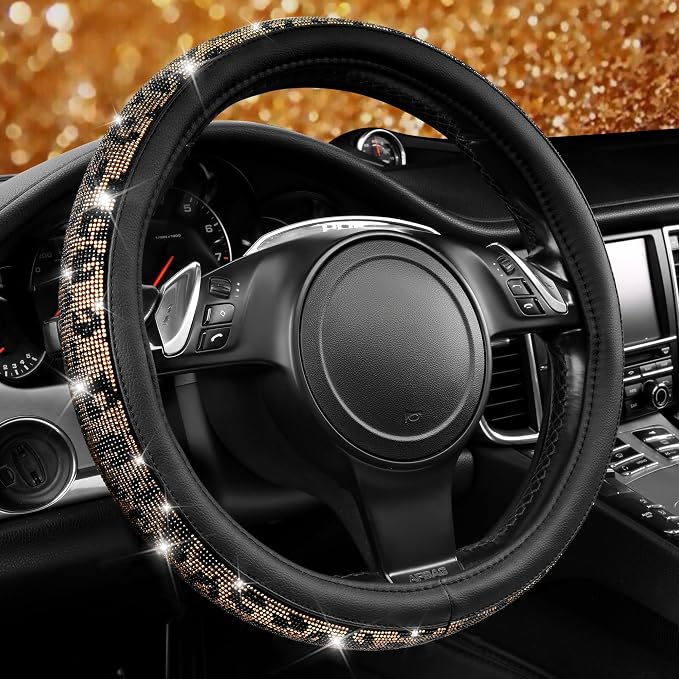 CAR PASS Bling Diamond Steering Wheel Cover Leopard Pattern, Sparkly Crystal Glitter Rhinestones Black Leather Wheel Protect for Women Girl Fit Suvs,Vans,Sedans,Cars,Trucks, 14" 1/2-15" Gold Leopard by CARPASS