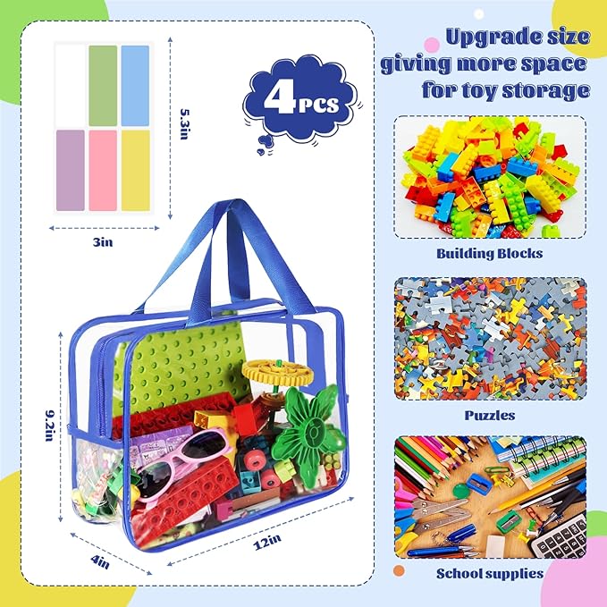 4 Pcs Storage Bags, Clear PVC Organizer with Zipper, Waterproof Travel Bags with Labels for Building Blocks, Puzzle, Books (multicolor1) - Image 2