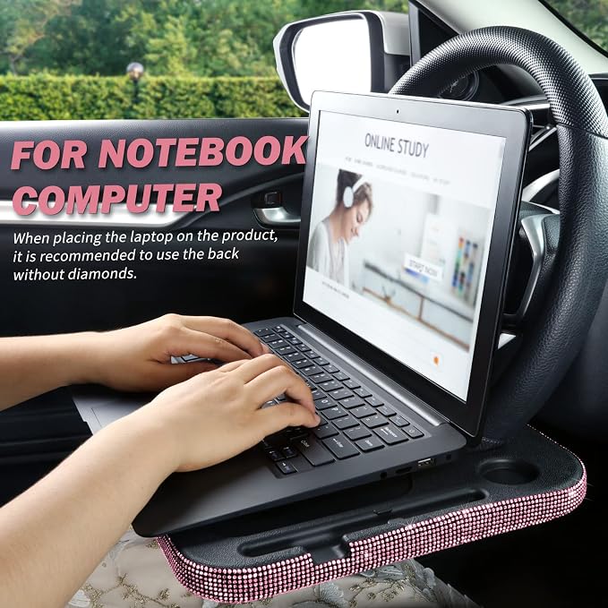 eing Car Eating/Laptop Steering Wheel Desk,Bling Crystal Steering Wheel Tray(16.6"x11.1"(2 in 1)) - Pink - Image 3
