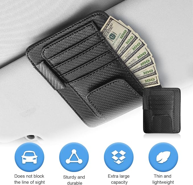 Augeny 2 PCS Car Sun Visor Organizer, Auto Visor Organizer and Storage, Registration and Document Holder, Vehicle Accessories for Sunglasses Document Card Pen Driver License (Carbon Fiber Black) - Image 4