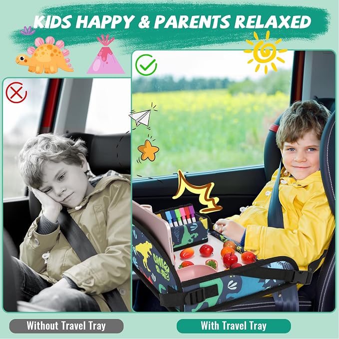 Kids Travel Tray for Airplane - Toddler Car Seat Table Tray, Road Trip Essentials for Boys & Girls, Carseat Lap Desk for Kids Road Trip Activities, Dinosaur - Image 2