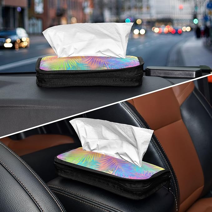 Car Tissue Holder Car Napkin Holder Tissue Box Dispenser Storage Case Sun Visor Mask Holder Accessories with Adjustable Straps Reusable Refillable Rainbow Palm Leaf Vibrant Tropical - Image 8