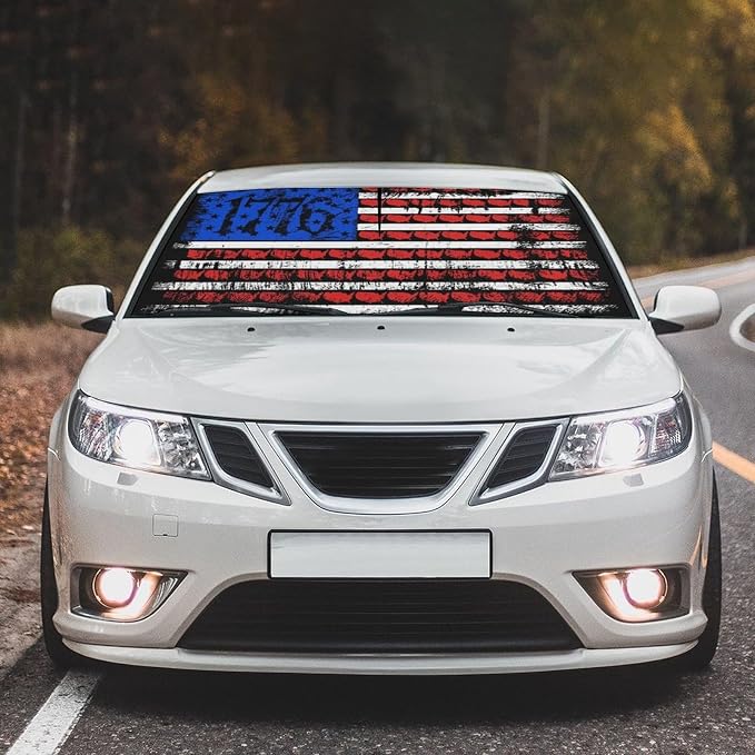 Socira Retro USA American Flag Car Windshield Sunshade Umbrella Car Foldable Umbrella Sunshade for Front Window UV Reflector Auto Windshield Umbrella Sun Shades Cover for Most Vehicles 57'' X 30'' - Image 2