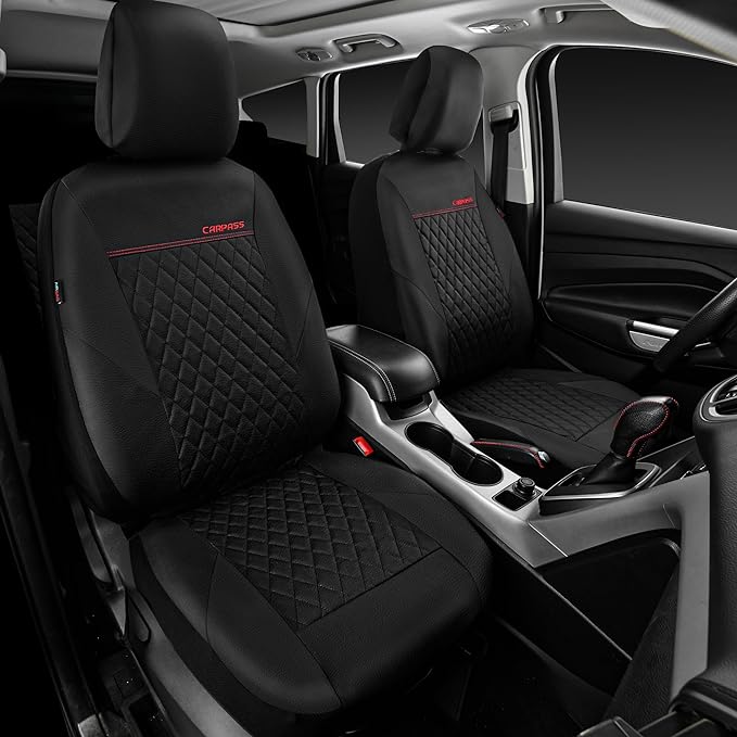 CAR PASS Quilting Leather Seat Cover Two Front Seats Only, Universal Fit Automotive Front Seat Covers Waterproof Deluxe PU Premium Vinyl Luxury for Cars Sedan Van SUV Airbag Compatible 2 Pieces,Black - Image 3