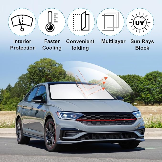 Windshield Sun Shade for 2019-2026 Volkswagen Jetta Accessories | Full covered for windshield, Foldable & Durable, Block UV Rays, Reduce Heat, Easy to install, Keep Car Cooler - Image 2