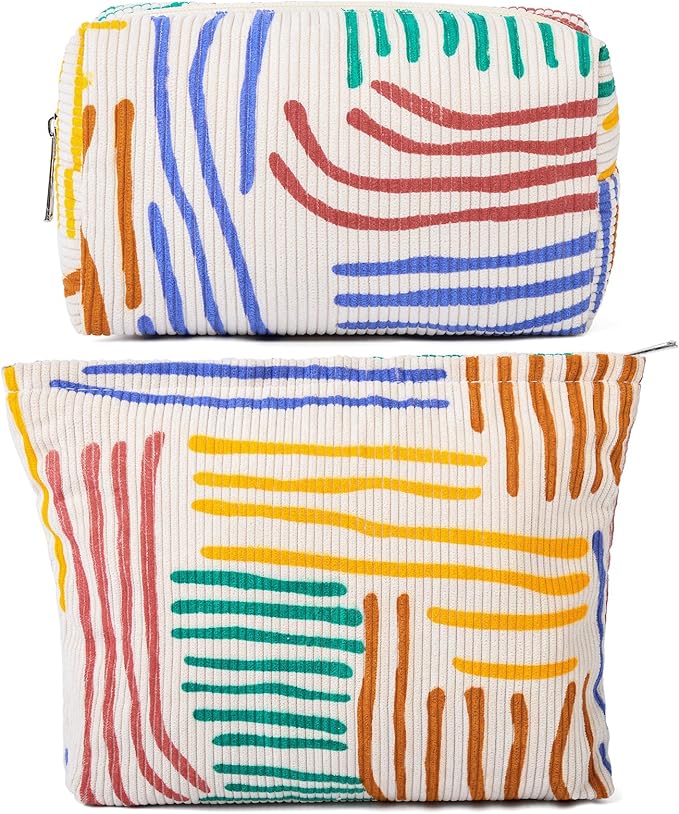 SOIDRAM 2 Pieces Stripes Makeup Bag Large Corduroy Cosmetic Bag Capacity Canvas Mix Travel Toiletry Bag Organizer Cute Makeup Brushes Aesthetic Accessories Storage Bag for Women, Stripes Mix Colorful by SOIDRAM