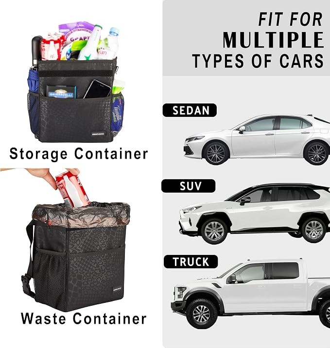 SIBOFUEGO Cute Car Trash Can with Lid – Multipurpose Collapsible Trash Bin for Car, Leak-Proof Organizer, Waterproof Garbage Can with Storage Pockets & Adjustable Straps, 2 Gallons (Black Leopard) - Image 4