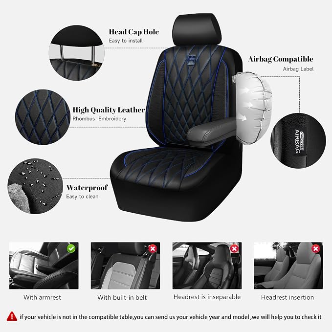 CAR PASS Piping Luxury Leather Seat Covers Full Set,5 Seats Anti-Slip Waterproof Seat Covers Compatible with Front Armrests,Universal Fit for Sendan SUV Van Truck,Airbag Compatible,Black and Blue - Image 4