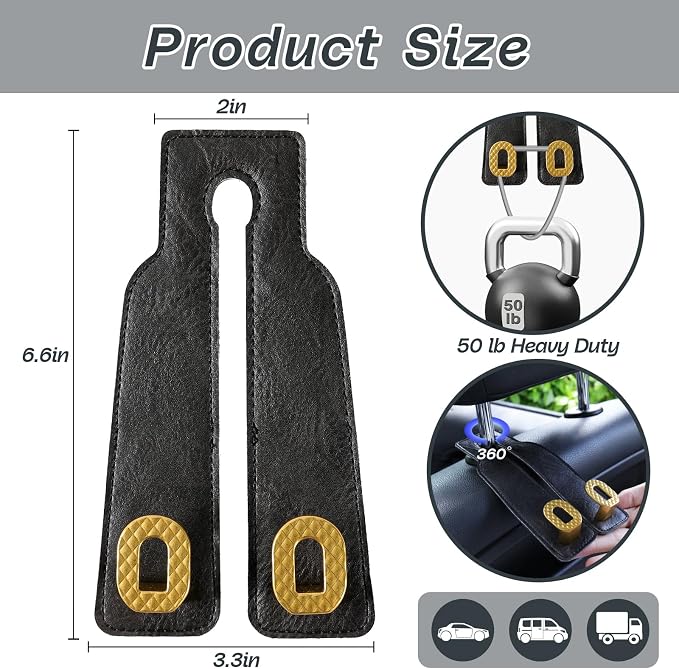 Car Headrest Hooks Universal Car Purse Hook Premium Leather and Alloy Twin Hook Car Seat Back Storage Hanger Hook for Purse Bags Cloth Drink Durable Holder Car Accessories (BH09-Black-Gold) - Image 4