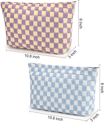 SOIDRAM 2 Pieces Makeup Bag Large Checkered Cosmetic Bag Capacity Canvas Travel Toiletry Bag Organizer Cute Makeup Brushes Aesthetic Accessories Storage Bag for Women,Checkered L Purple Light blue - Image 3
