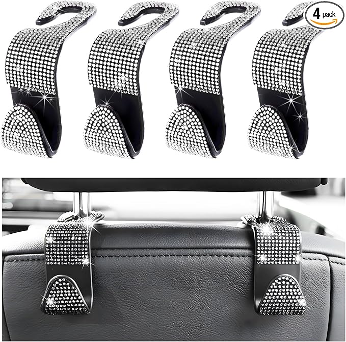 4 PCS Car Seat Headrest Hooks, Bling Crystal Rhinestone Back Seat Hanger Storage Organizer, Sparkly Seatback Holder Hooks for Purse and Bags Universal For Most Vehicles (Silver) by Unknown