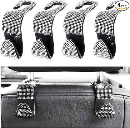 4 PCS Car Seat Headrest Hooks, Bling Crystal Rhinestone Back Seat Hanger Storage Organizer, Sparkly Seatback Holder Hooks for Purse and Bags Universal For Most Vehicles (Silver) by Unknown