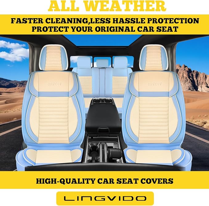 Front Car Seat Covers, Faux Nappa Leather for Sedan SUV, 2 Seats | Waterproof, Breathable and Airbag Compatible, Helps Reduce Slipping, White-Light blue - Image 3