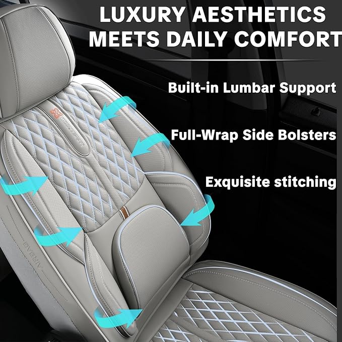 Car Seat Cover Complete Set, Light Gray, Suitable for Most Cars | with Lumbar Support, Premium Artificial Leather, Waterproof and Easy to Clean, Airbag Compatible - Image 3