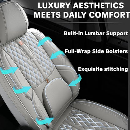 Car Seat Cover Complete Set, Light Gray, Suitable for Most Cars | with Lumbar Support, Premium Artificial Leather, Waterproof and Easy to Clean, Airbag Compatible - Image 3