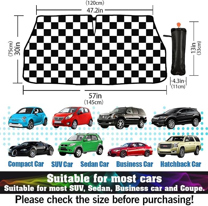 CHILL·TEK Funny Car Windshield Sun Shade Umbrella, Checkered Car Sun Shade Umbrella, Block UV Rays Heat Foldable Windshield Umbrella Sun Visor Protector - Keep Vehicle Cool for Cars SUV - Image 6