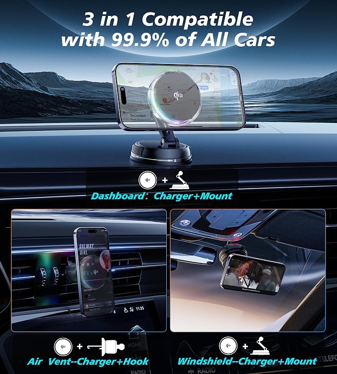 for Qi2 15W MagSafe Car Mount Charger with Cooling Fan, [Rapid Charging Cooler with RGB Lights], 78+LBS Stronger Suction Wireless Magnetic Mount on Vent/Dash/Windshield, for iPhone 17 16 15 14 13 12 - Image 8