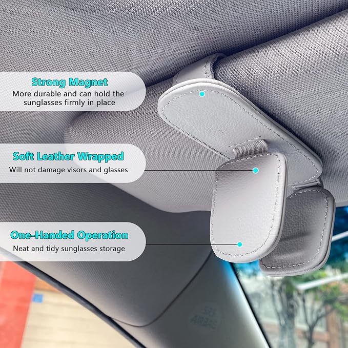 Visonx Sunglass Holder for Car Visor Clip, Magnetic Leather Eyeglass Hanger Clip for Car, Square Car Visor Accessories (Gray) - Image 3