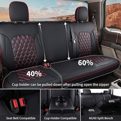 Huidasource Rear Bench Leather Seat Covers Fit for Chevy Silverado GMC Sierra 1500 2007-2013 & 2019-2026, 2500HD 3500HD 2020-2026 Crew Double Extended Cab WT LS LT Custom(Back Row/Black&Red) - Image 3