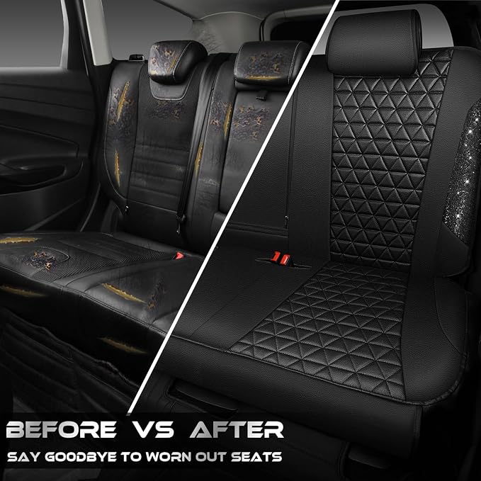 CAR PASS Bling Back Seat Cover, Waterproof Leather Bench Rear Seat Cover Shining Diamond Truck Glitter Crystal Sparkly Rhinestone Universal Fit Armrest Automotive Kid Women Girl, Black Diamond - Image 5