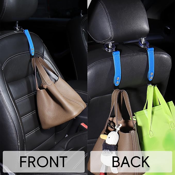 2 Pack Car Hook Holder Leather Headrest Hooks for Purses and Bags,SUS304 Car Hook(Blue) - Image 2